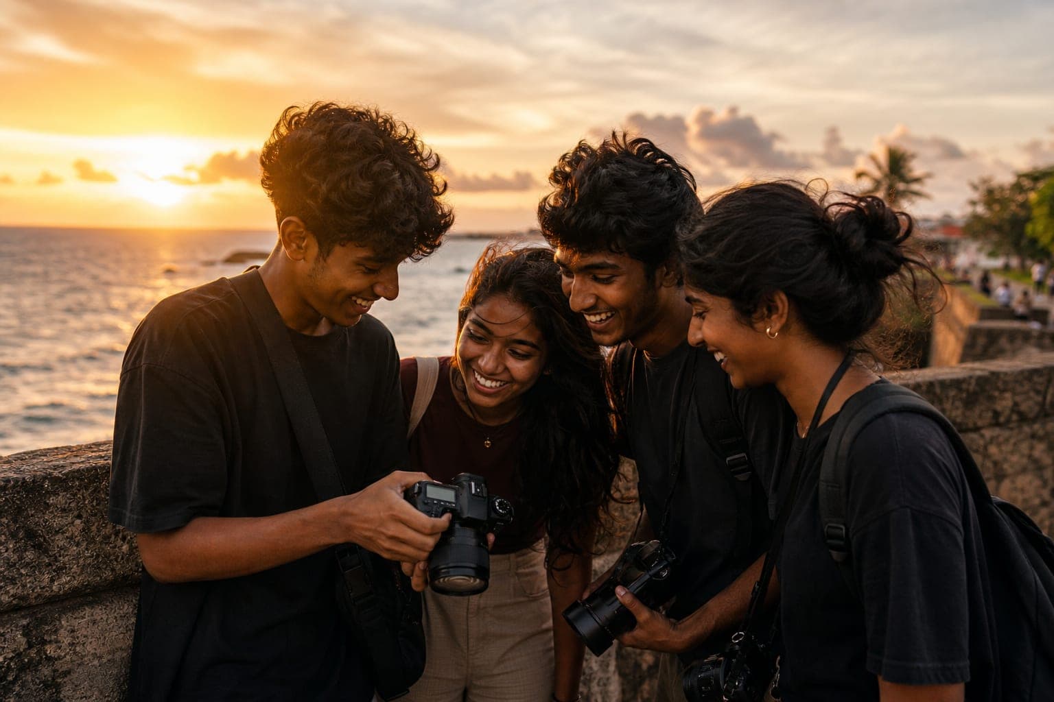 Illustrative scene of photographers reviewing a camera image together outdoors
