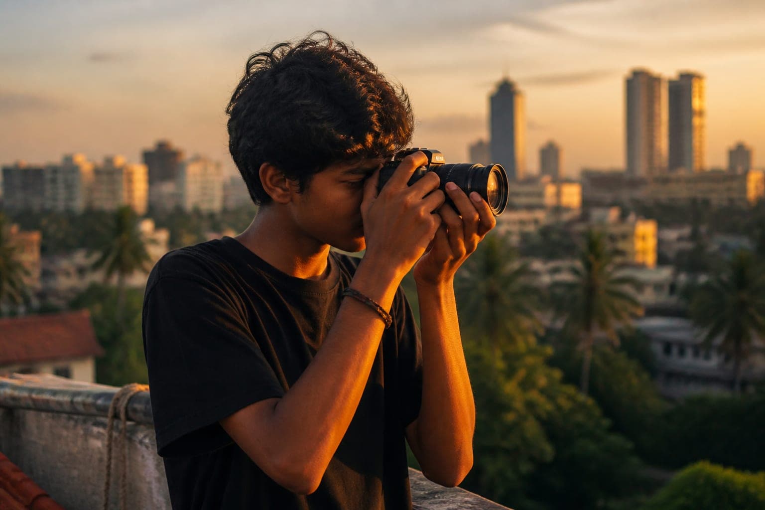 Illustrative scene of a photographer on a city rooftop at sunset