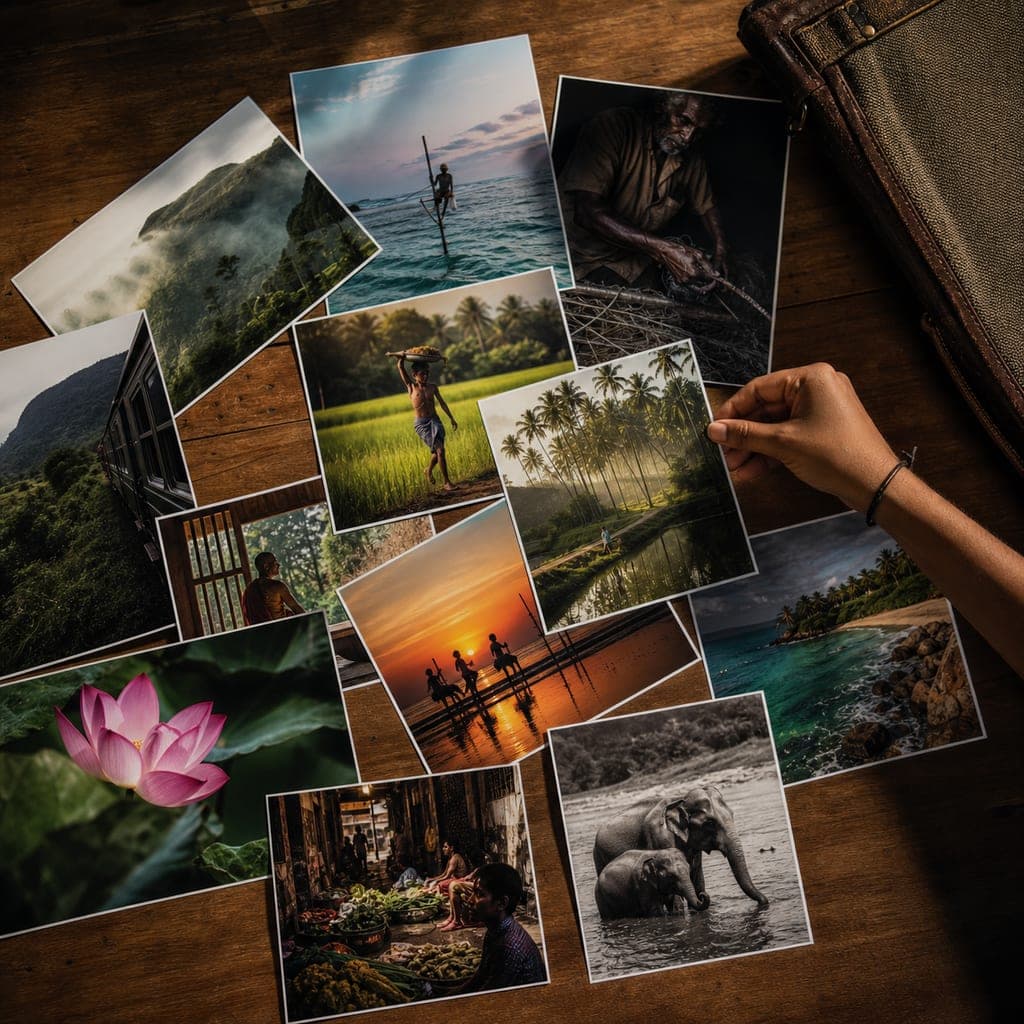 Illustrative collection of photographic prints arranged on a table