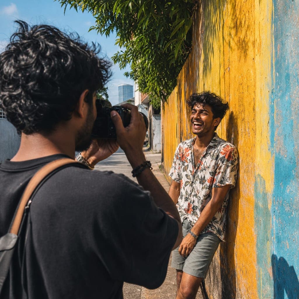 Illustrative scene of a photographer making a street portrait