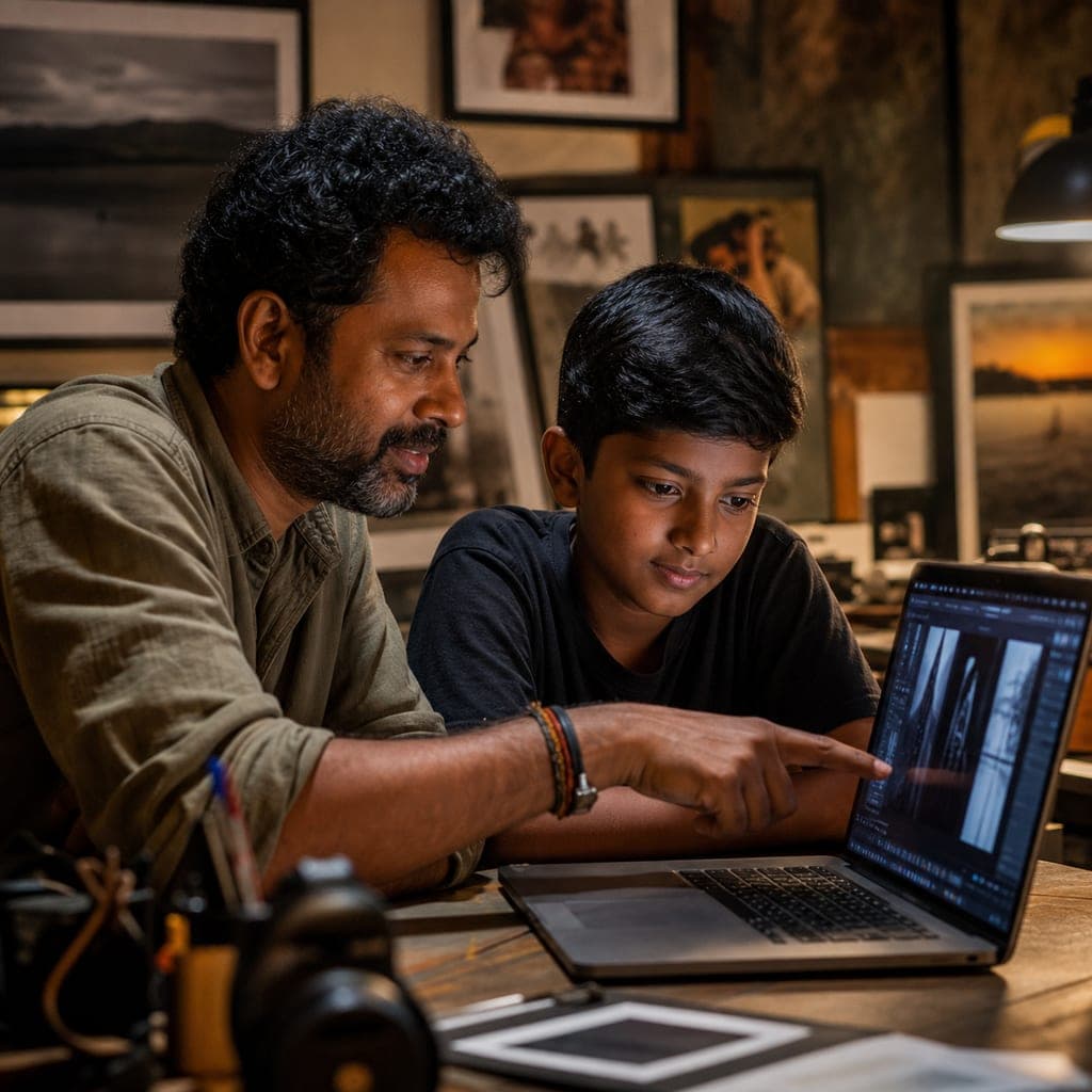 Illustrative scene of a mentor and learner reviewing photographs on a laptop