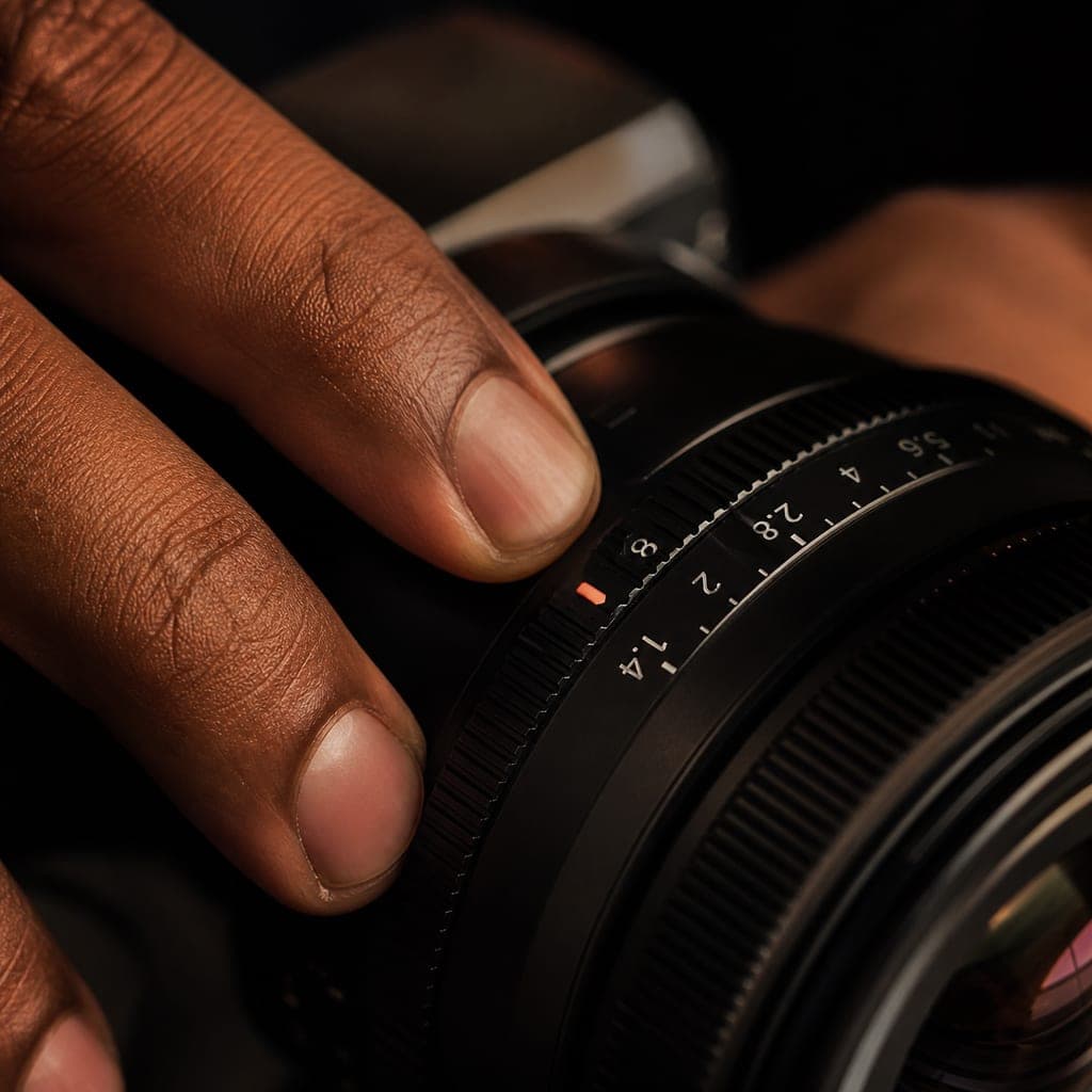 Illustrative close-up of hands adjusting a camera lens