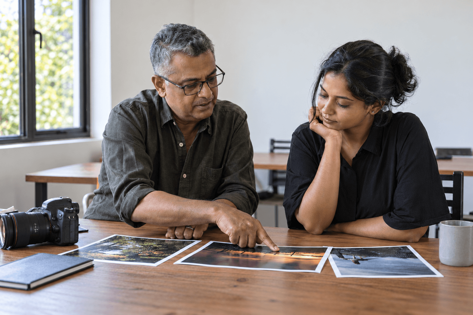 A mentor and learner reviewing the composition of printed photographs.
