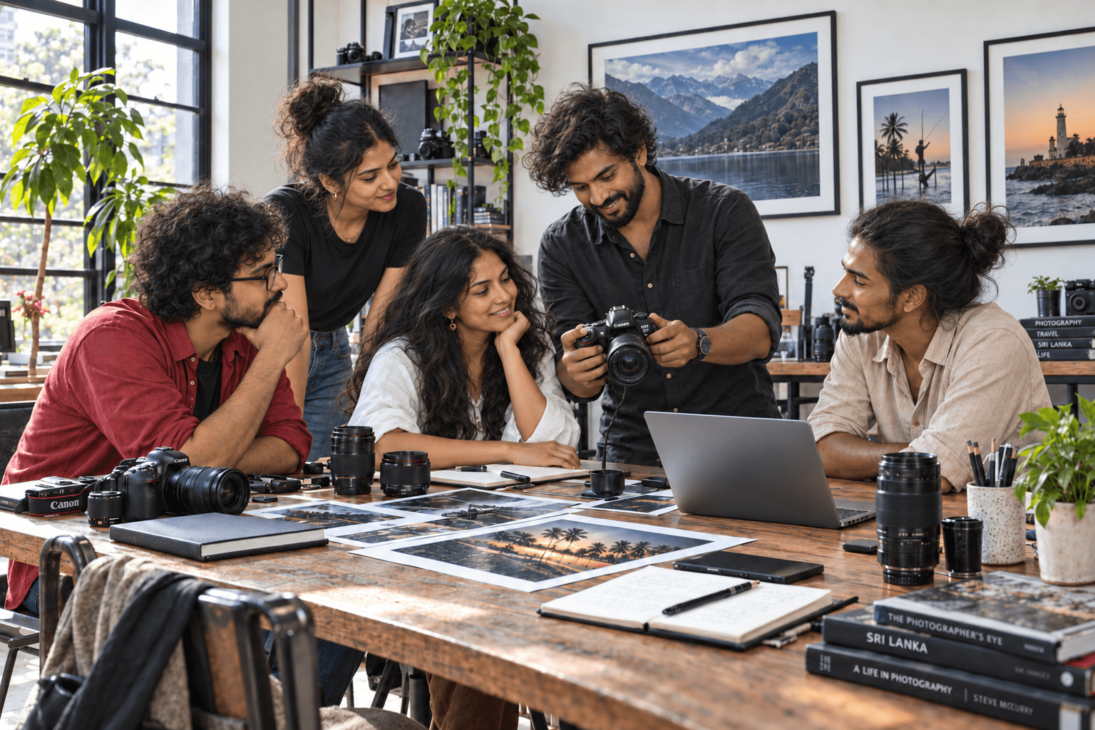 Photography enthusiasts sharing cameras and printed images around a table.