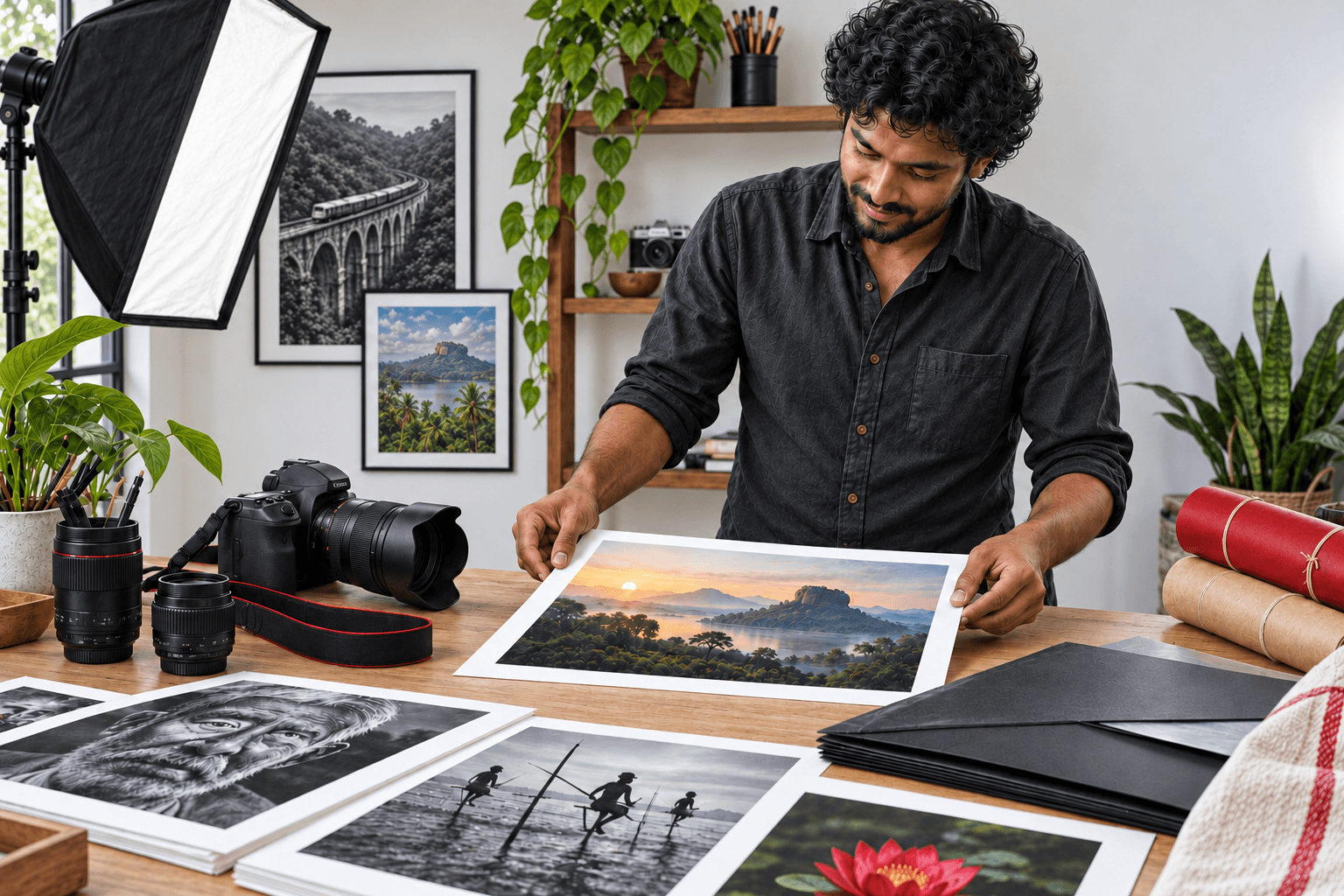 A photographer preparing a landscape print beside cameras and studio equipment.