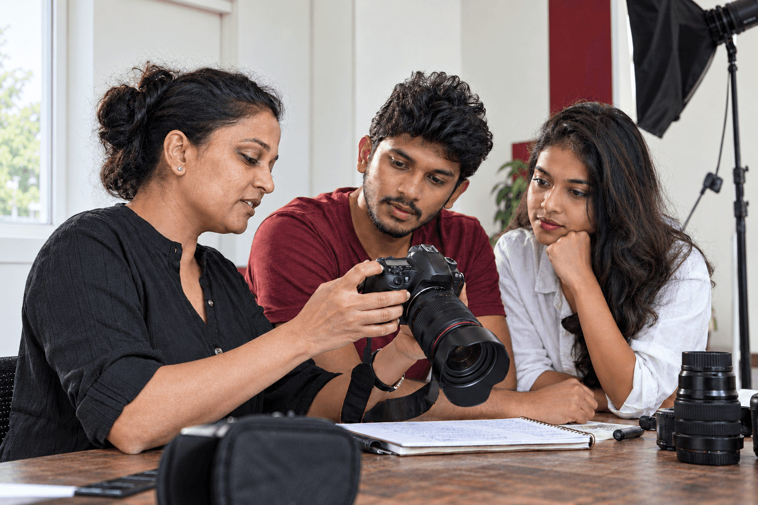 An instructor showing two adult learners how to use a DSLR.