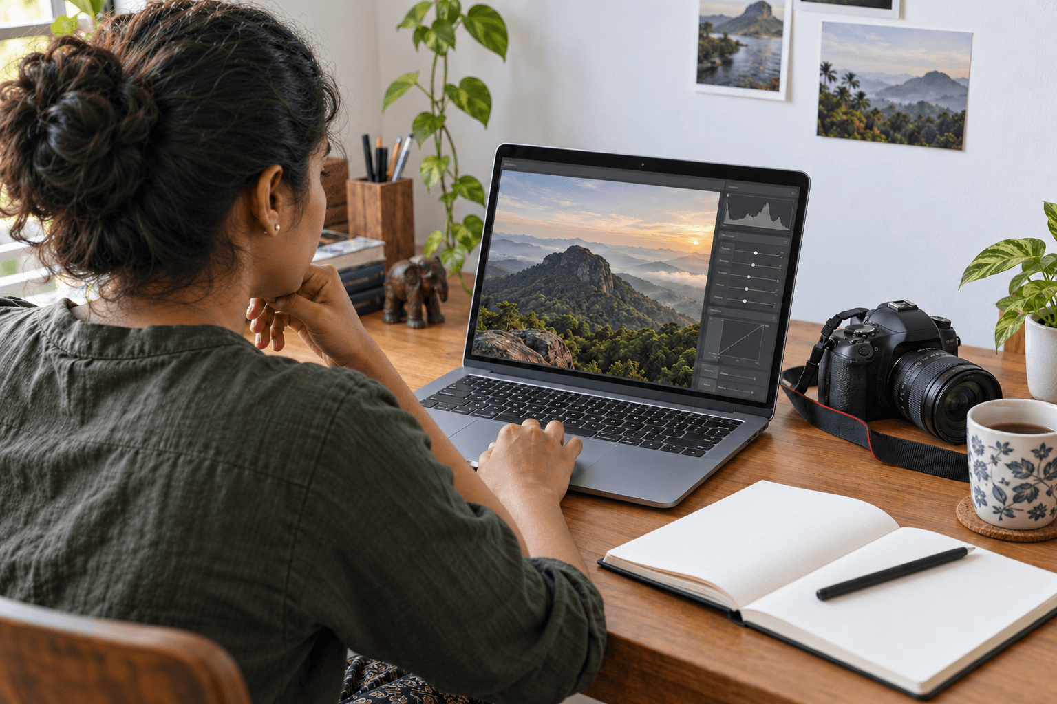 A learner editing a landscape image at a laptop with a camera beside her.