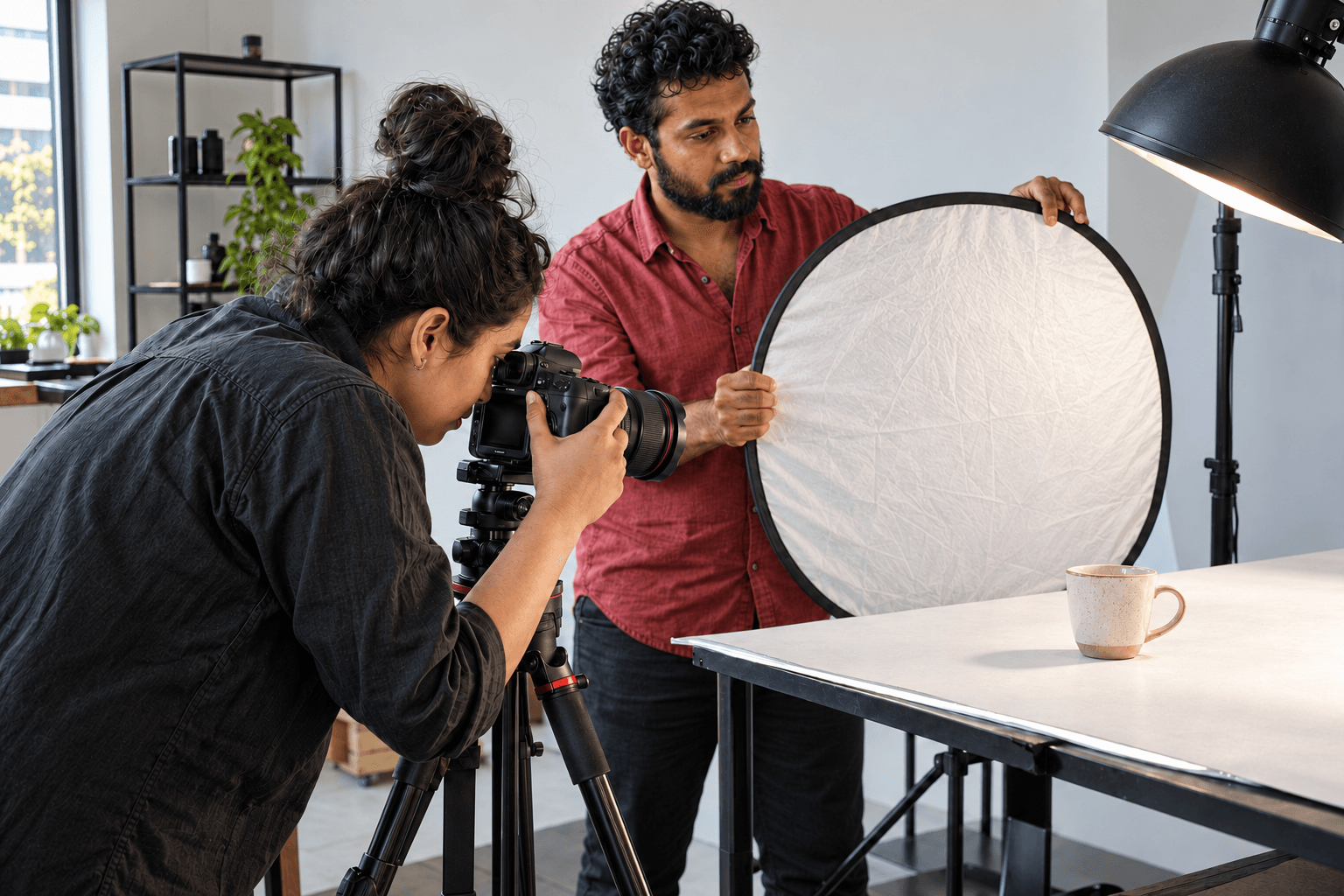 Two photographers working together with a camera and reflector on a studio product photograph.