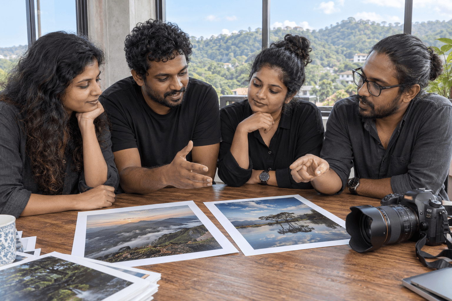 A DSLR and landscape prints in front of a group discussing photography, with a wooded mountain ridge outside.