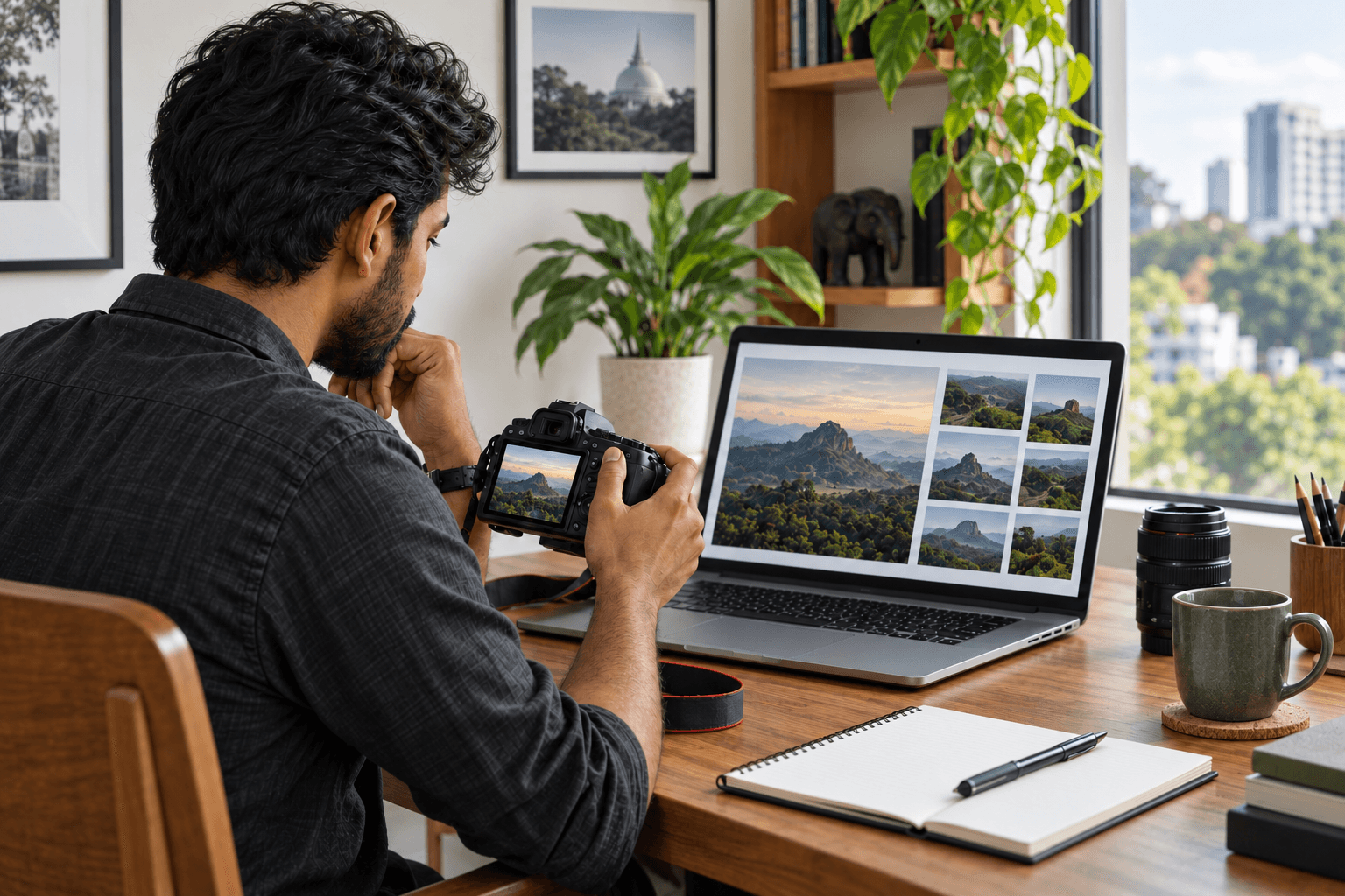 A learner comparing camera photographs with images on a laptop.