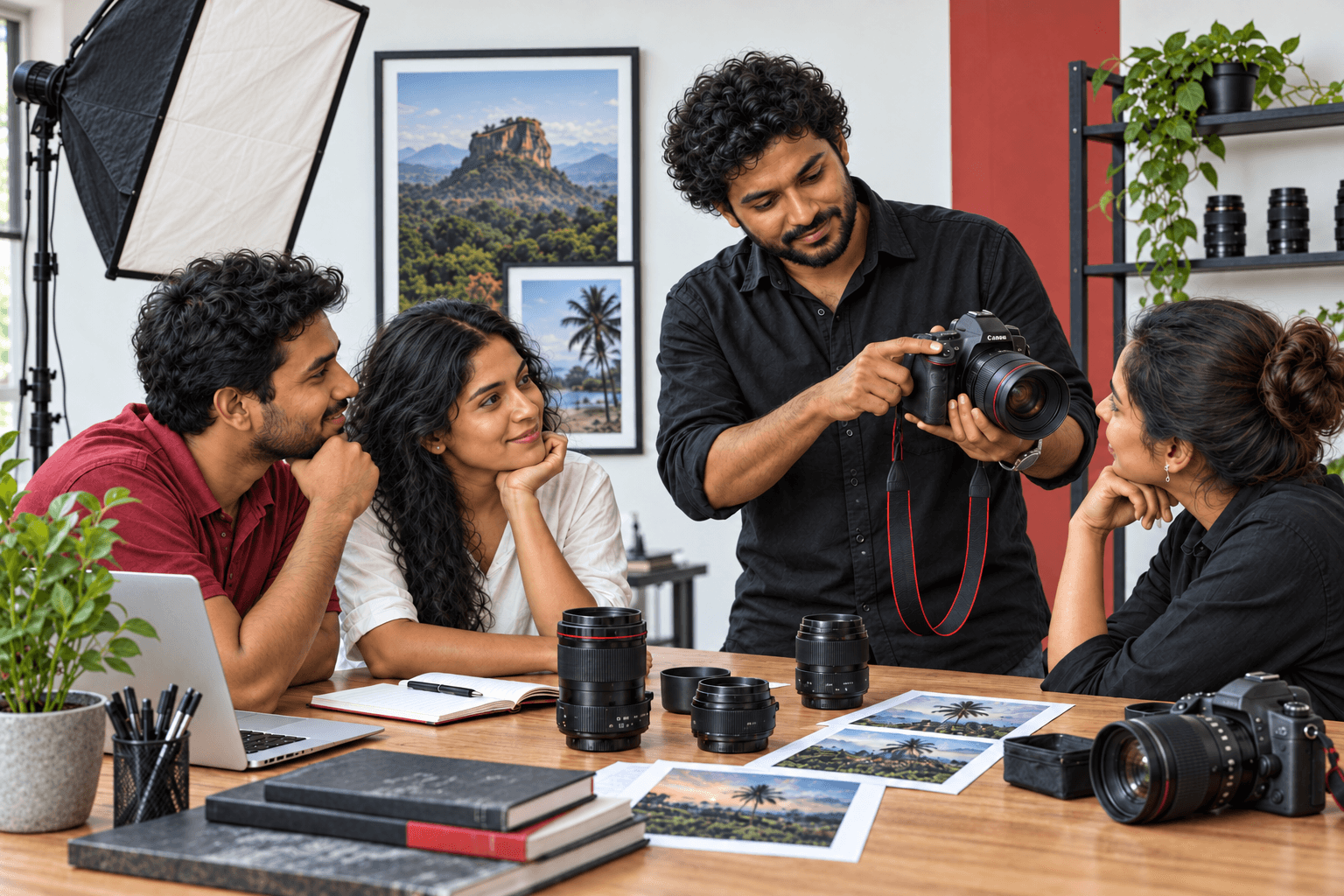 A photography tutor demonstrating camera controls to a small group of adult learners.